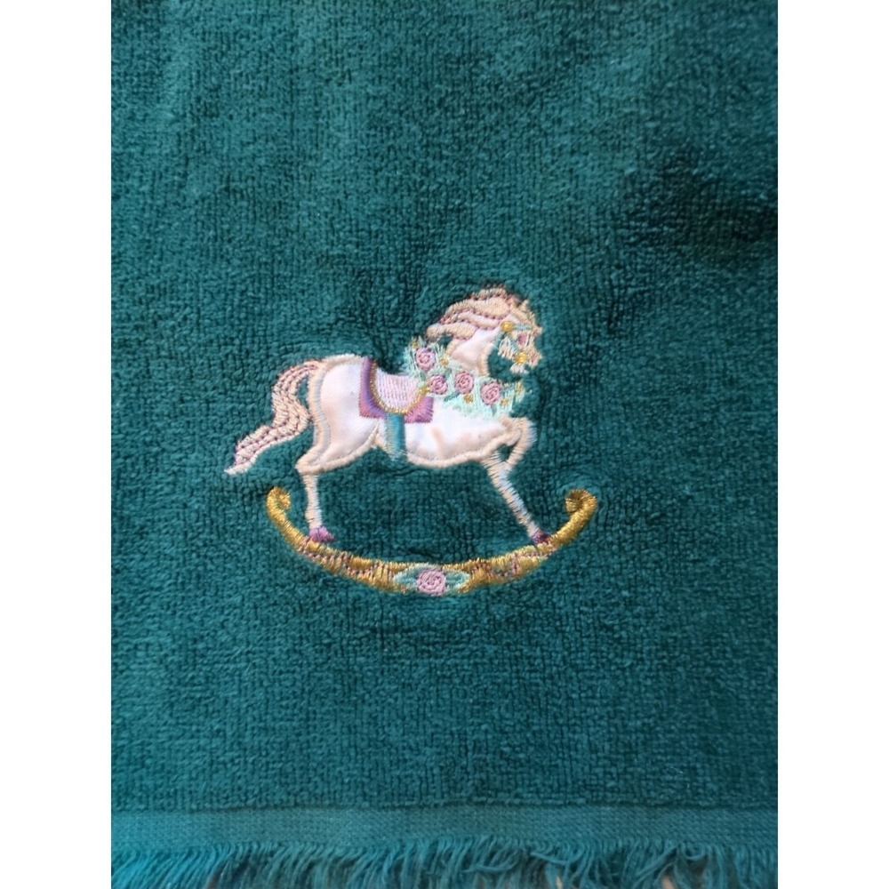 Christmas Green Hand Towel Decorated with  Rocking Horse - Picture 2 of 3
